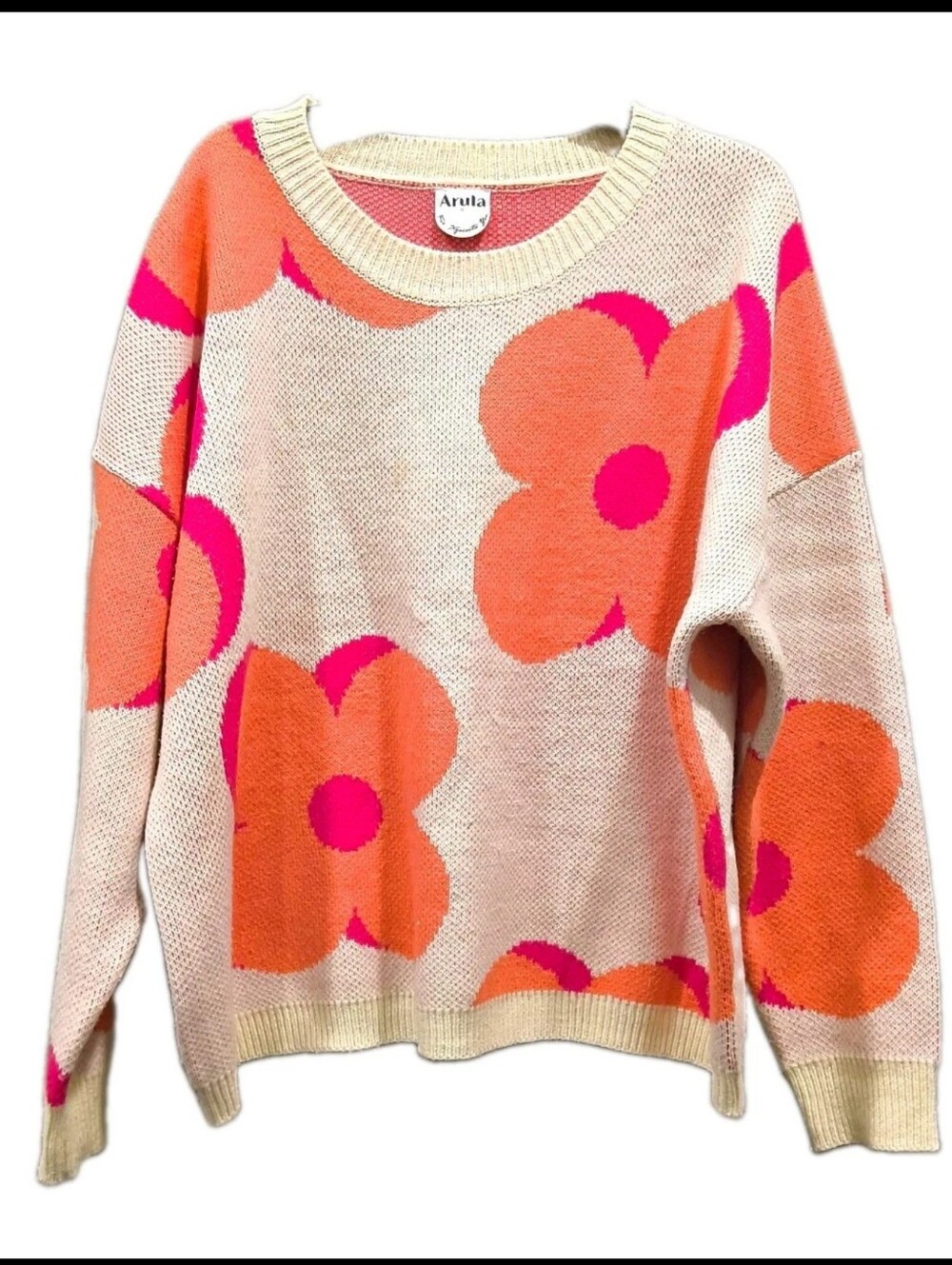 Arula B 2X Floral Sweater Cream Orange Pink Retro Flower Power Pullover